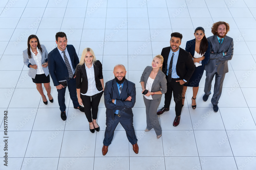 Fototapeta premium Business People Group Happy Smile Standing At Modern Office Top View, Businesspeople Team
