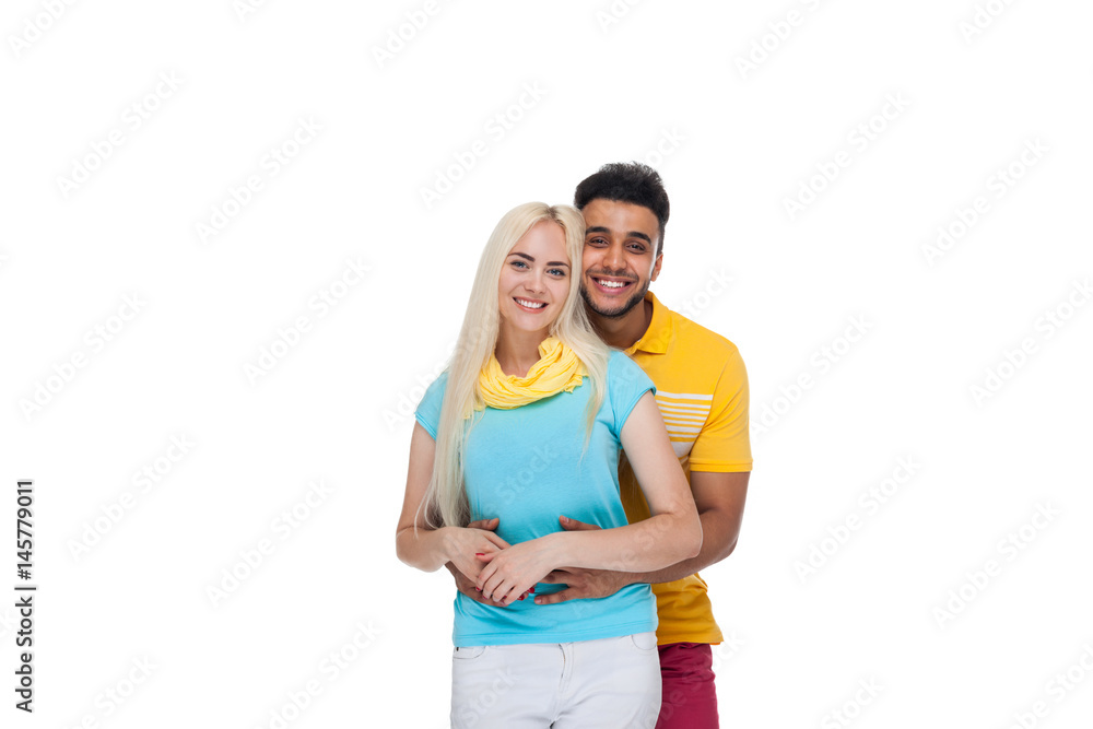 Beautiful Young Happy Couple Love Smiling Embracing, Hispanic Man Woman Smile Isolated Over White Background Beautiful Young Happy Couple Love Smiling Embracing, Hispanic Man Woman Smile Isolated Over White Background