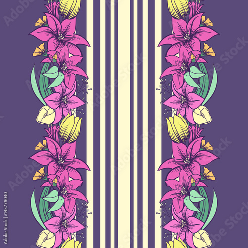 Fototapeta Naklejka Na Ścianę i Meble -  Print with bright flowers. Pink lilies and tulips.
