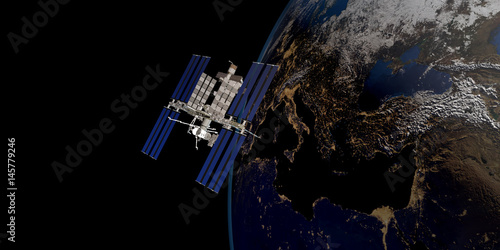 Fototapeta Naklejka Na Ścianę i Meble -  Extremely detailed and realistic high resolution 3D image of ISS - international space station orbiting Earth. Shot from outer space. Elements of this image are furnished by NASA.