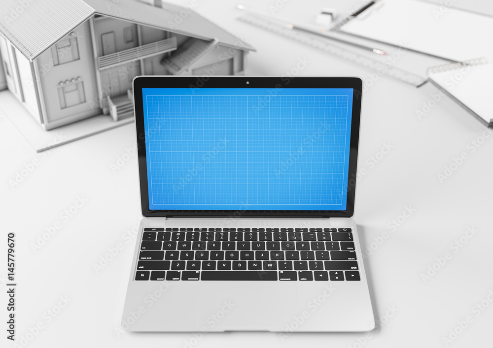 Creative designer and architect desktop with laptop, building model and stationery items. Mock up. Creative designer and architect desktop with laptop, building model and stationery items. Mock up.