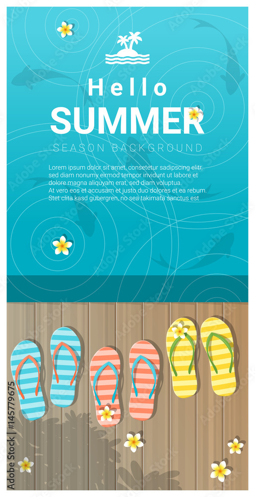 Obraz premium Hello summer background with sandals on wooden pier , vector , illustration