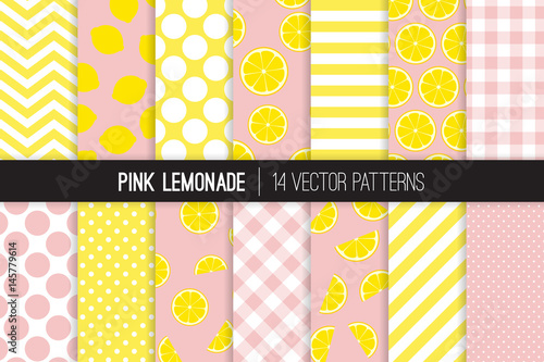 Pink Lemonade Vector Patterns. Yellow and Pink Lemon Halves and Slices, Stripes, Polka Dots and Gingham. Lemonade Stand Picnic Party Decor. Food Packaging Design. Pattern Tile Swatches Included.