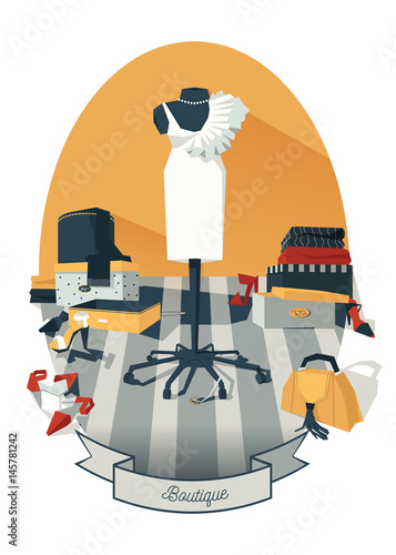 Vertical vector illustration with interior of woman wardrobe with dress on mannequin, hand drawn with black and white graphic. Stylish fashion room with mess of shoes, boxes, bijouterie and clothing