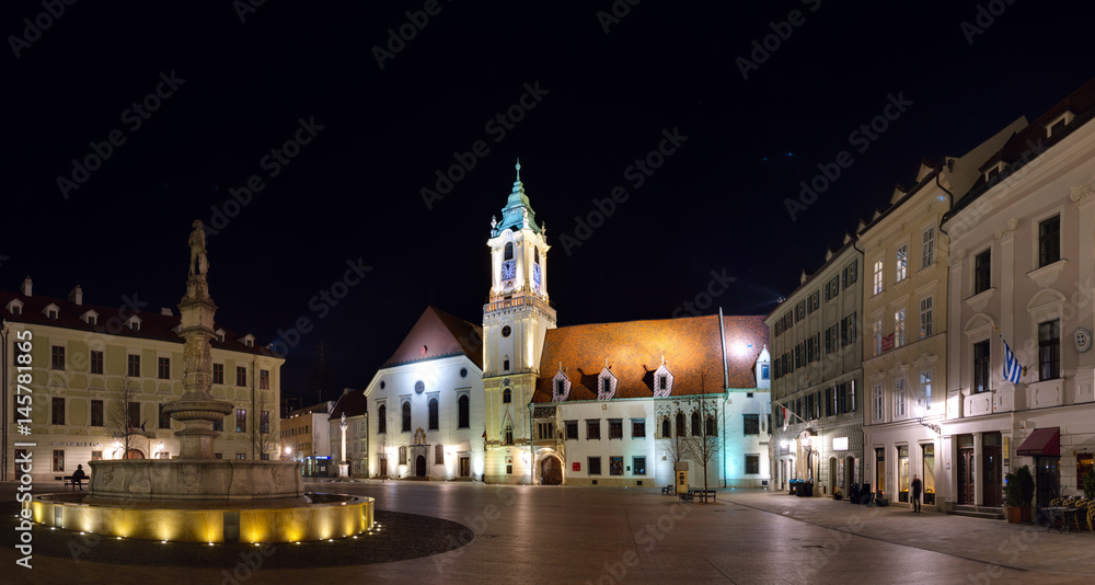 The Main Square (Hlavne namestie) and Old Town Hall in the night, Bratislava, Slovakia