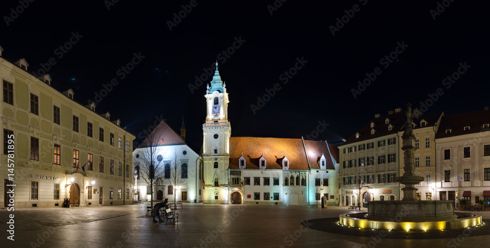 The Main Square (Hlavne namestie) and Old Town Hall in the night, Bratislava, Slovakia