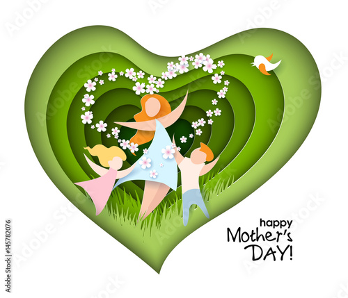 Happy Mothers Day card. Creative paper cut background with mom silhouette and her child with flowers. Vector illustration with beautiful woman and baby with paper frame heart shaped.