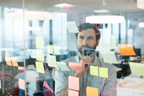 Thoughtful businessman looking at strategy written on glass photo