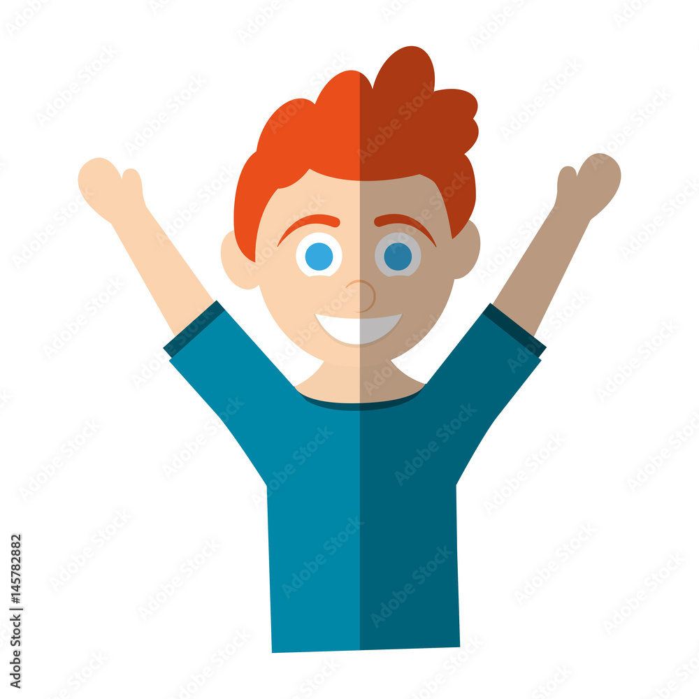happy smiling blue eye red hair boy raising arms icon image vector illustration design 
