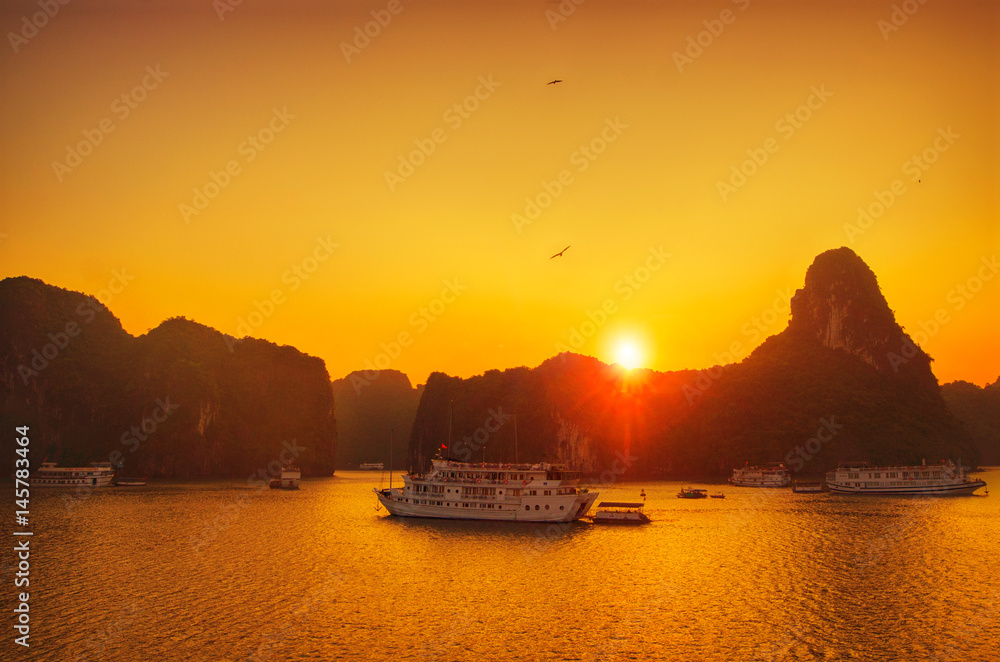 Golden sunrise in Halong Bay, Vietnam, Southeast Asia