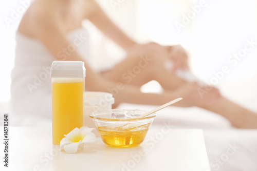 Wax depilation set on table in spa center
