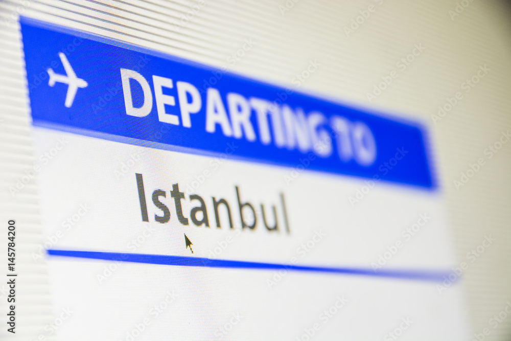 Computer screen close-up of status of flight departing to Istanbul, Turkey Computer screen close-up of status of flight departing to Istanbul, Turkey
