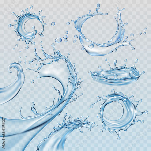 Set vector illustrations water splashes and flows, streams of various shapes. Design elements
