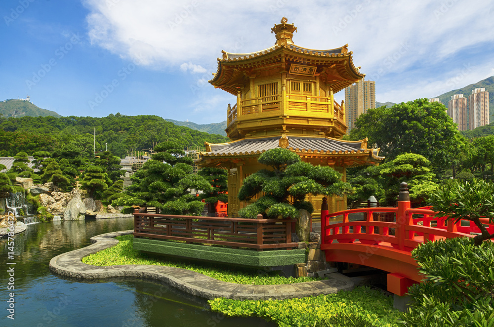 Front View The Golden Pavilion Temple in Nan Lian Garden, Hong Kong