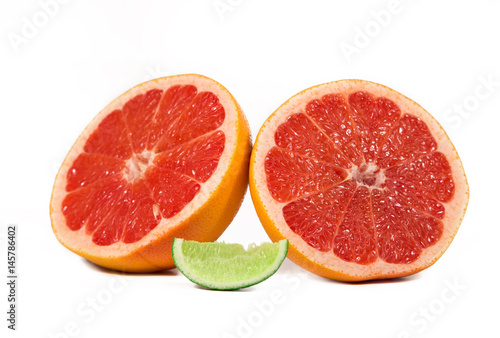 Grapefruit Citrus Fruit With Half Grapefruit Isolated on White Background. And Lime With Clipping path