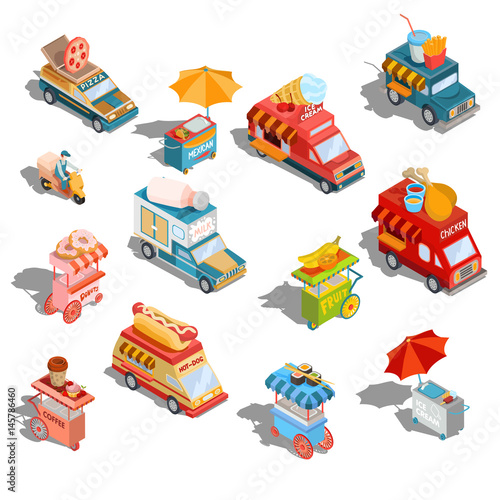 Set of vector isometric illustrations cars fast delivery of food and food trucks, street fast food carts