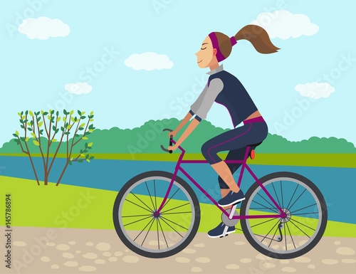 Woman rides a bike in the countryside. Illustration of woman outdoor hobby. Bicycle rider. Sport lifestyle. Mountain bike.