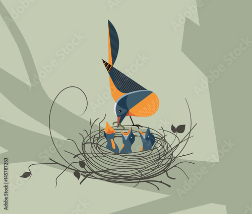 The bird feeds the chicks in the nest