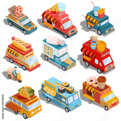 Set of vector isometric illustrations cars fast delivery of food and food trucks - pizza, ice cream, hot dogs, milk, hamburgers, donuts, coffee, tacos, sushi, fried chicken