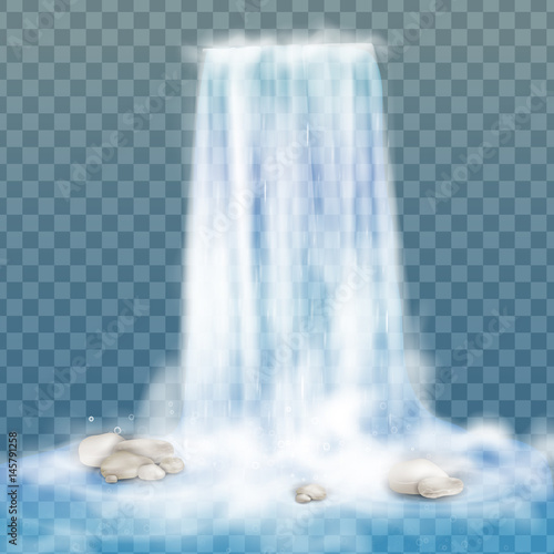 Realistic vector waterfall with clear water and bubbles. Natural element for design landscape images. Transparent Waterfall. Nature waterfall. Isolated on transparent background. Stream of water.