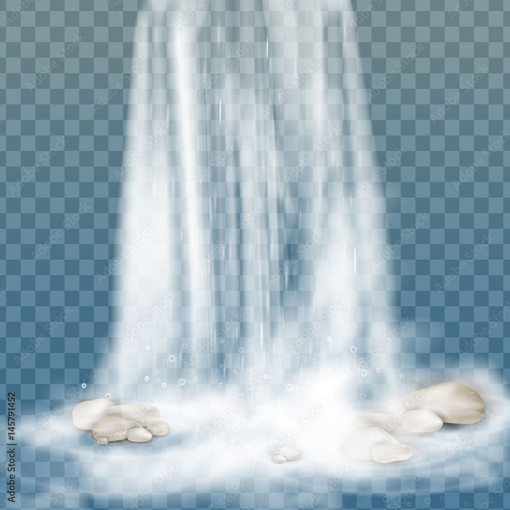 Realistic vector waterfall with clear water and bubbles. Natural element  for design landscape images. Transparent Waterfall. Nature waterfall.  Isolated on transparent background. Stream of water. Stock Vector