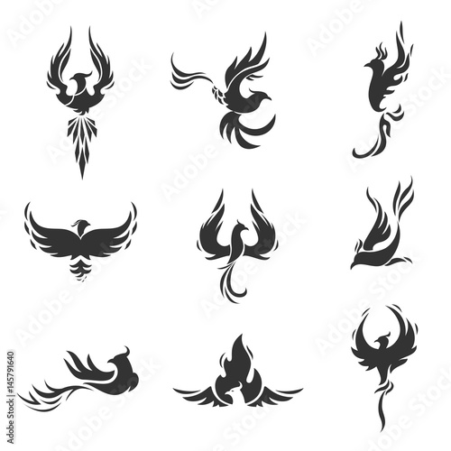 Phoenix bird stylized silhouettes icons on white background