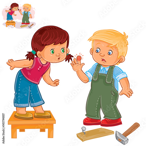 Vector illustration of a little girl sympathizes with a little boy who struck a finger with a hammer. Print