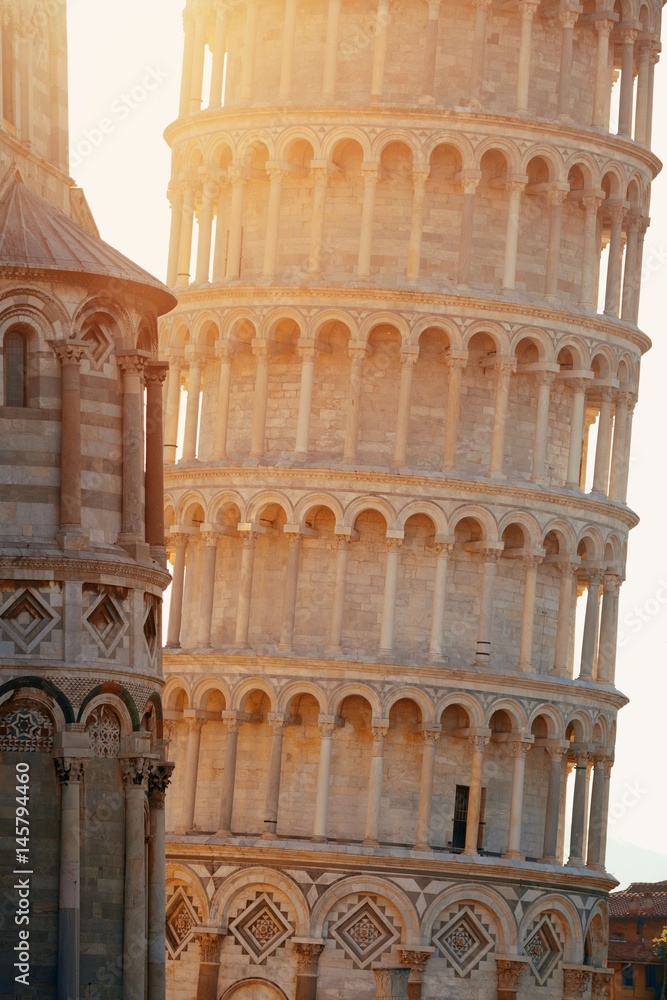 Leaning tower Pisa closeup at sunrise