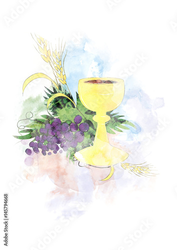 Obraz na plátne Eucharist - first Communion abstract artistic digital illustration with chalice and host, bread and wine, grapes and wheat ears