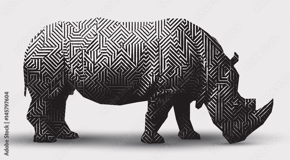 Naklejka Ilustracja nosorożec wektor czarno-biały ilustracja. Wieloboczne rysowanie linii.