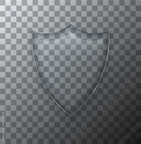 Vector modern transparent shield glass plate with shadow on sample background.