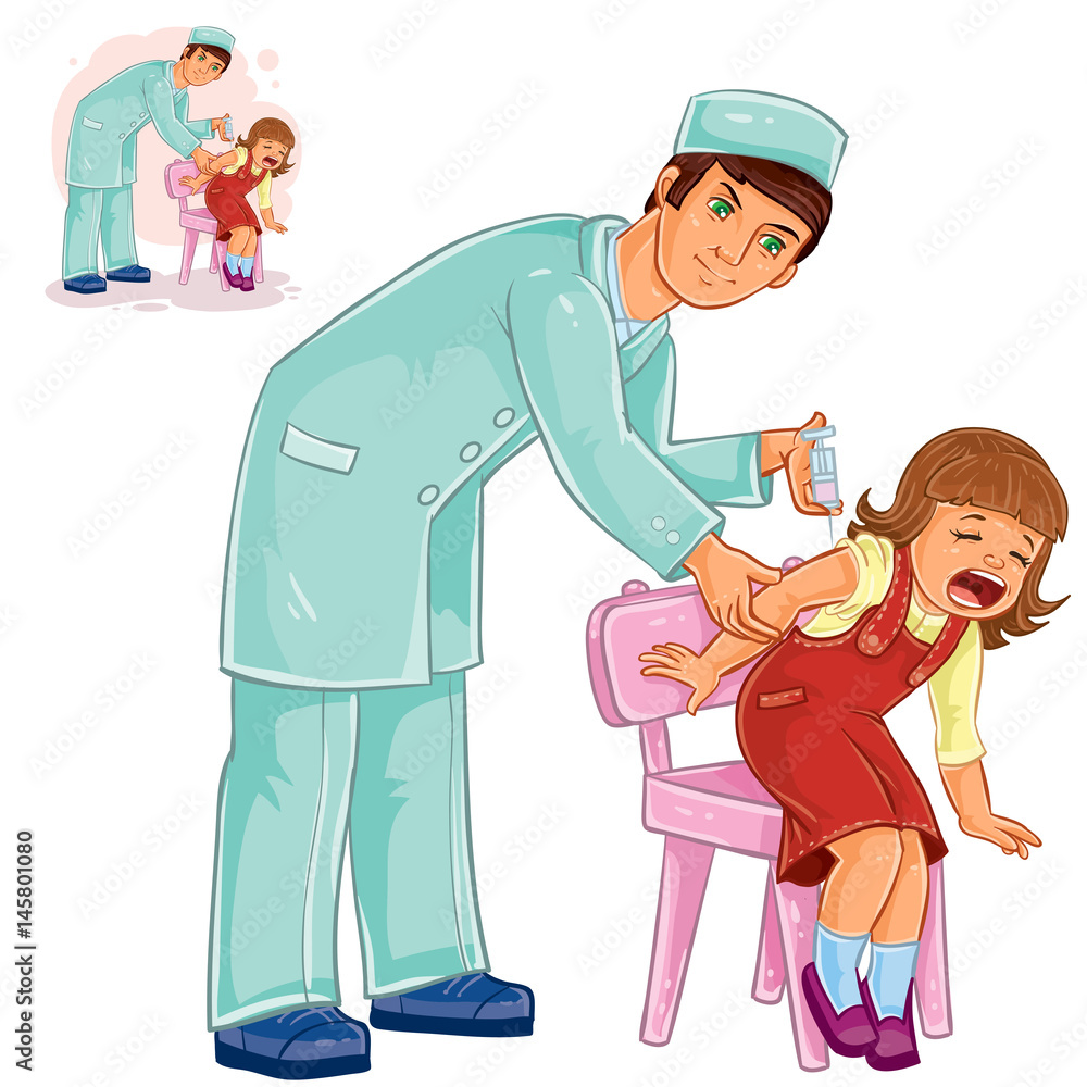 Vector illustration of a nurse doing an inoculation to a small girl, vaccination against flue, pox, tetanus, hepatitis, polymelitis. Print Vector illustration of a nurse doing an inoculation to a small girl, vaccination against flue, pox, tetanus, hepatitis, polymelitis. Print