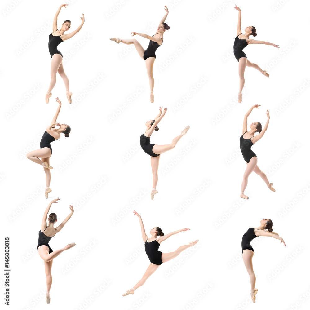 Fototapeta premium Collage of beautiful ballet dancer on white background