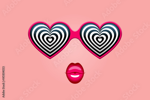 Glamorous heart-shaped sunglasses with hypnotic heart patterns, and pink lips