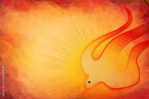Holy Spirit, Pentecost or Confirmation symbol with a dove, and bursting rays of flames or fire. Abstract modern religious digital illustration background photo