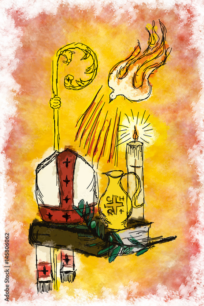 Holy Spirit and Sacrament of Confirmation Dove with seven rays, holy chrism, Bible,