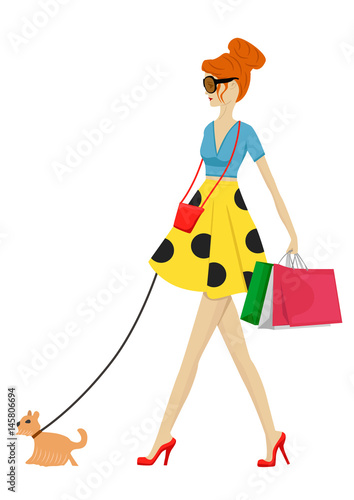 Fashion woman walking with dog and shopping bags