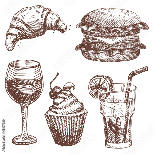 Hand drawn food sketch for menu restaurant product and doodle meal cuisine vector illustration.