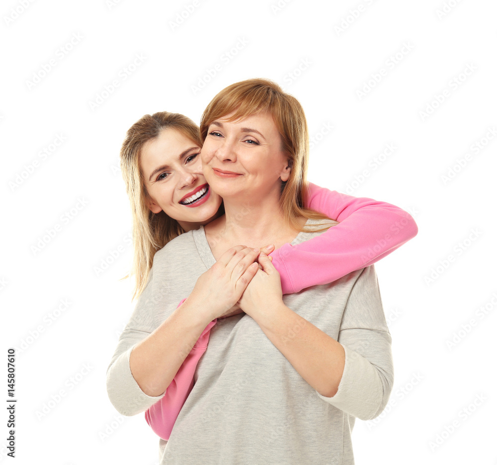 Young woman with her mother on white background Young woman with her mother on white background