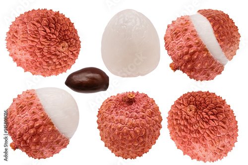 Isolated collection lychees. Set of whole and cut lychee fruits isolated on white background with. Clipping path