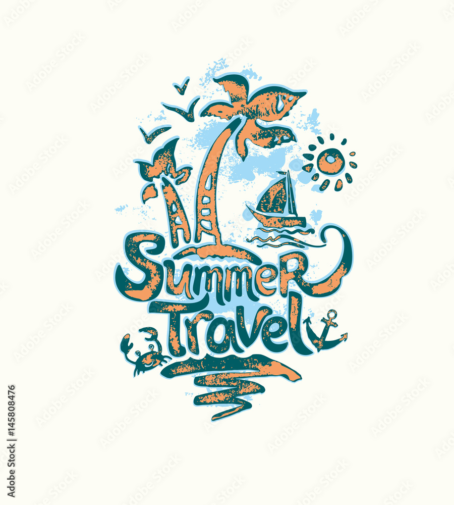 Vector template Summer Travel. Hand drawn inscription with palm trees, sun and sailfish. Illustration for card, poster, invitation, t-shirt and more. 