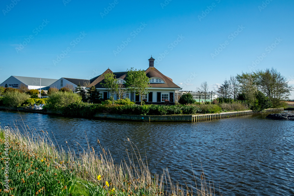 green landscape view with grass water and blue sky green landscape view with grass water and blue sky