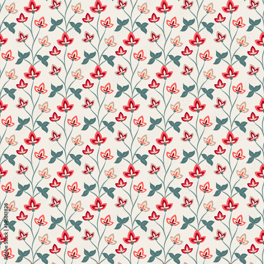 Floral seamless pattern, Jacobean style flowers. Colorful herbal background. Vector illustration. Jacobean floral, herbal collection.