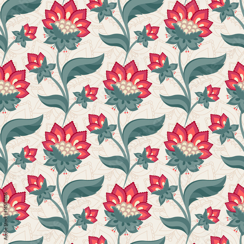 Floral seamless pattern, Jacobean style flowers. Colorful herbal background. Vector illustration. Jacobean floral, herbal collection.
