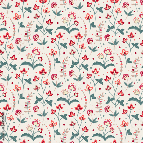 Floral seamless pattern, Jacobean style flowers. Colorful herbal background. Vector illustration. Jacobean floral, herbal collection.