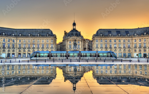 Place de la Bourse reflecting from the water mirror in Bordeaux, France photo