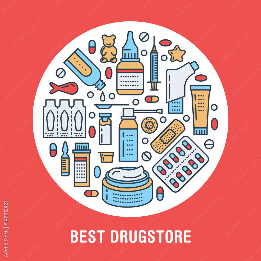 Medical, drugstore poster template. Vector medicament line icons, illustration of dosage forms - tablet, capsules, pills. Medicines antibiotics vitamins, painkiller. Healthcare colored banner.