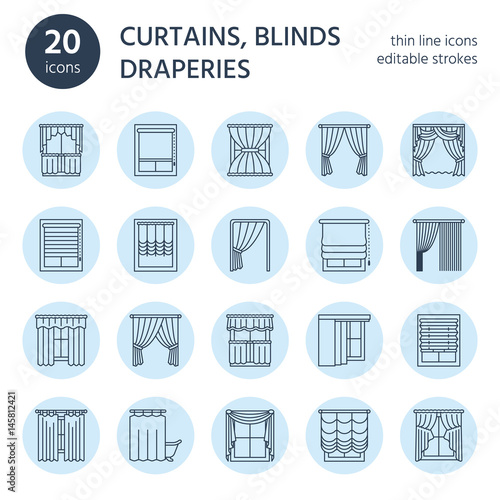 Window curtains, shades line icons. Various room darkening decoration, lambrequin, swag, french curtain, blinds and rolled panels. Interior design thin linear signs for house decor shop.
