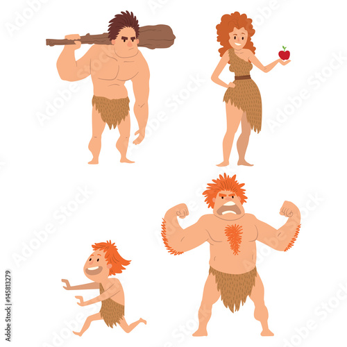 Caveman primitive stone age cartoon neanderthal people character evolution vector illustration.