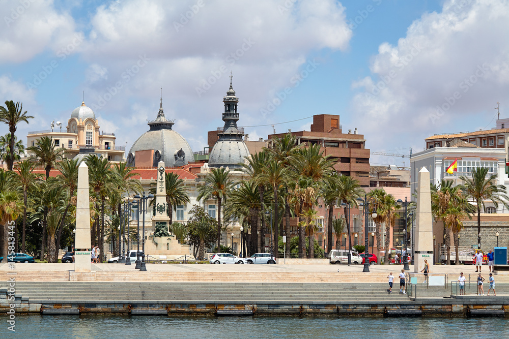 View of the embankment and the historic center of Cartagena from the Mediterranean Sea. Murcia, Spain.